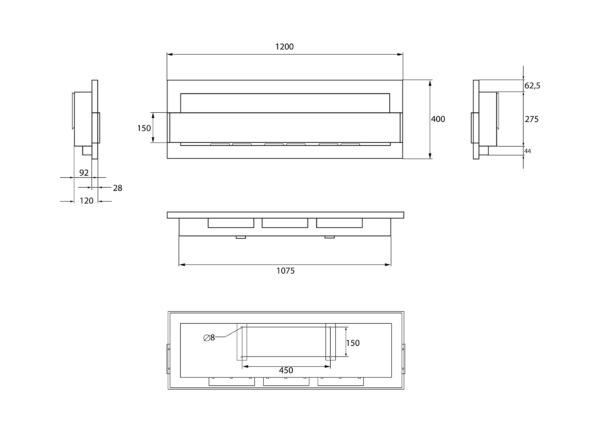 Biokominek wiszący z szybą 1200x400 czarny połysk - Image 7